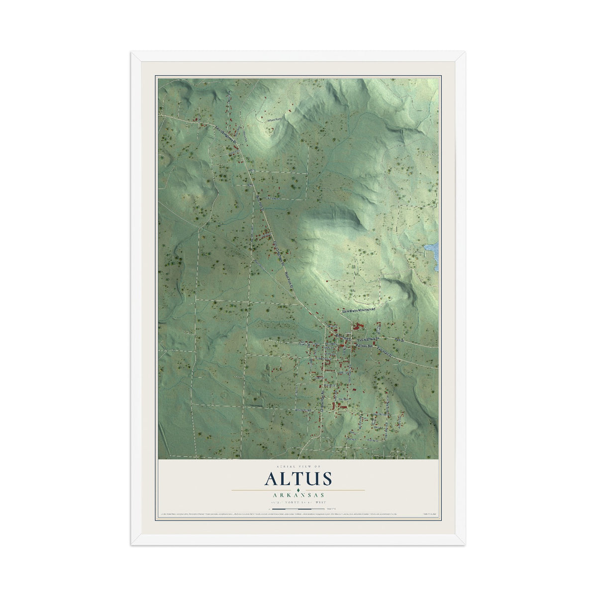 Map of Altus, Arkansas, 12 x 18 inch print in a white wood frame