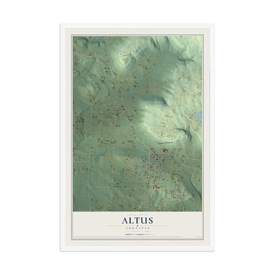 Map of Altus, Arkansas, 12 x 18 inch print in a white wood frame
