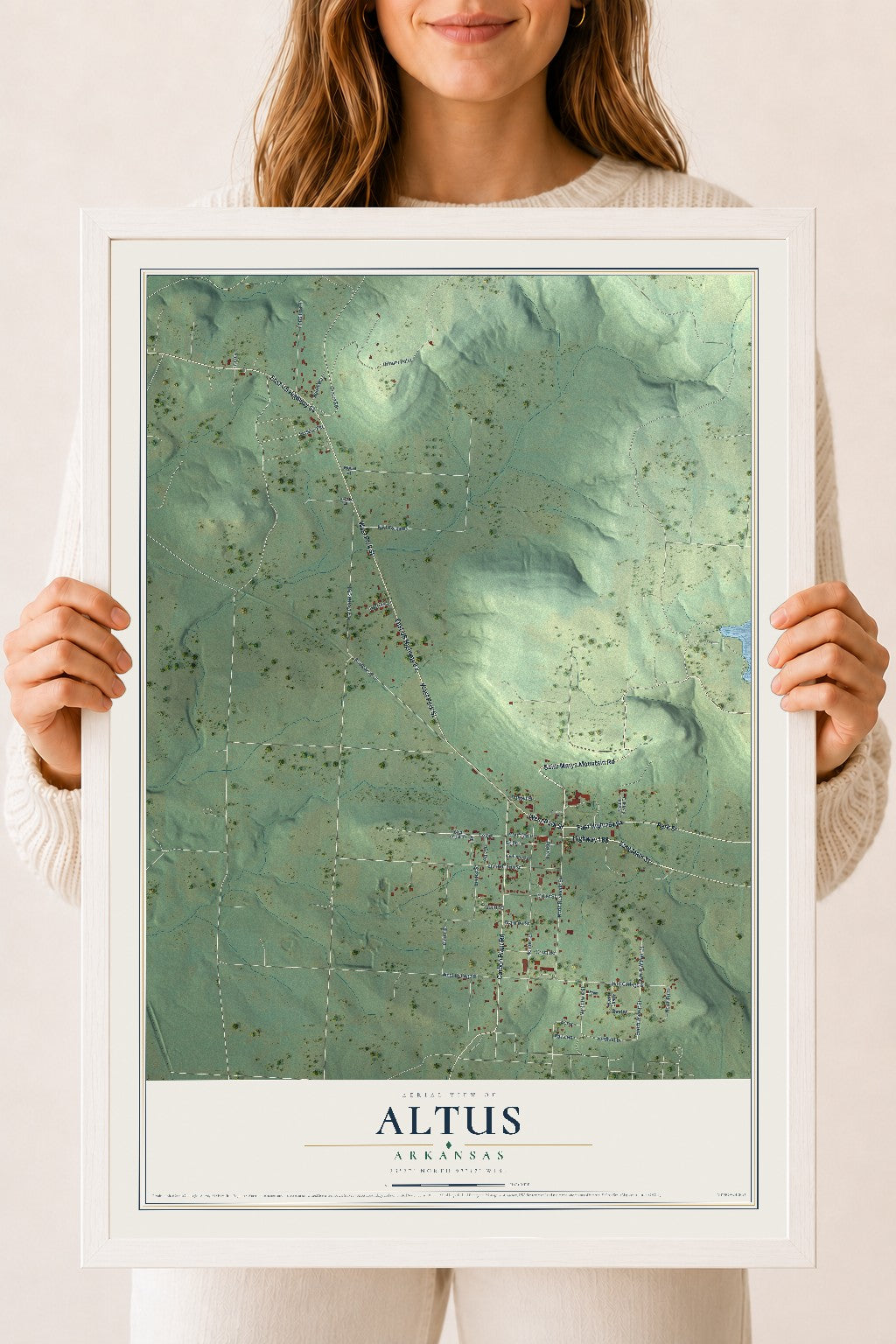 Map of Altus, Arkansas, 18 x 24 inch print in a white wood frame