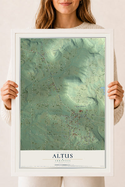 Map of Altus, Arkansas, 18 x 24 inch print in a white wood frame
