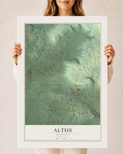 Map of Altus, Arkansas, 24 x 36 inch print in a white wood frame
