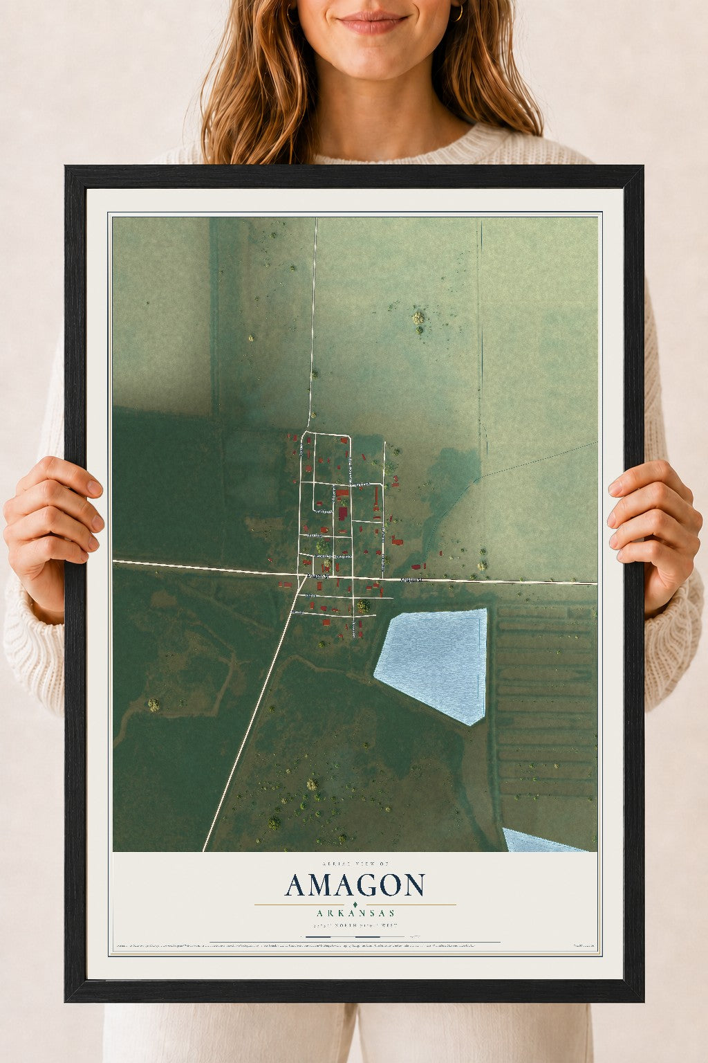 Map of Amagon, Arkansas, 18 x 24 inch print in a black wood frame