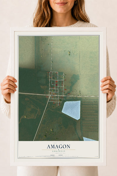 Map of Amagon, Arkansas, 18 x 24 inch print in a white wood frame