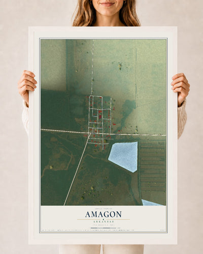 Map of Amagon, Arkansas, 24 x 36 inch print in a white wood frame