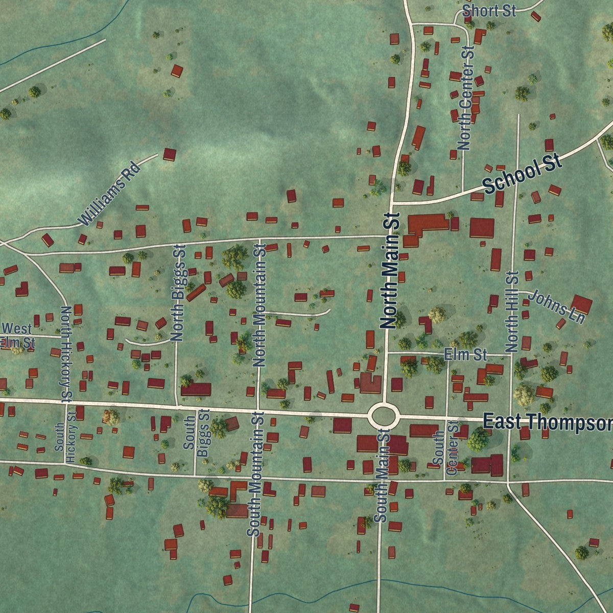 Close-up of the map of Amity, Arkansas print showing street and building detail