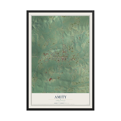 Map of Amity, Arkansas, 12 x 18 inch print in a black wood frame