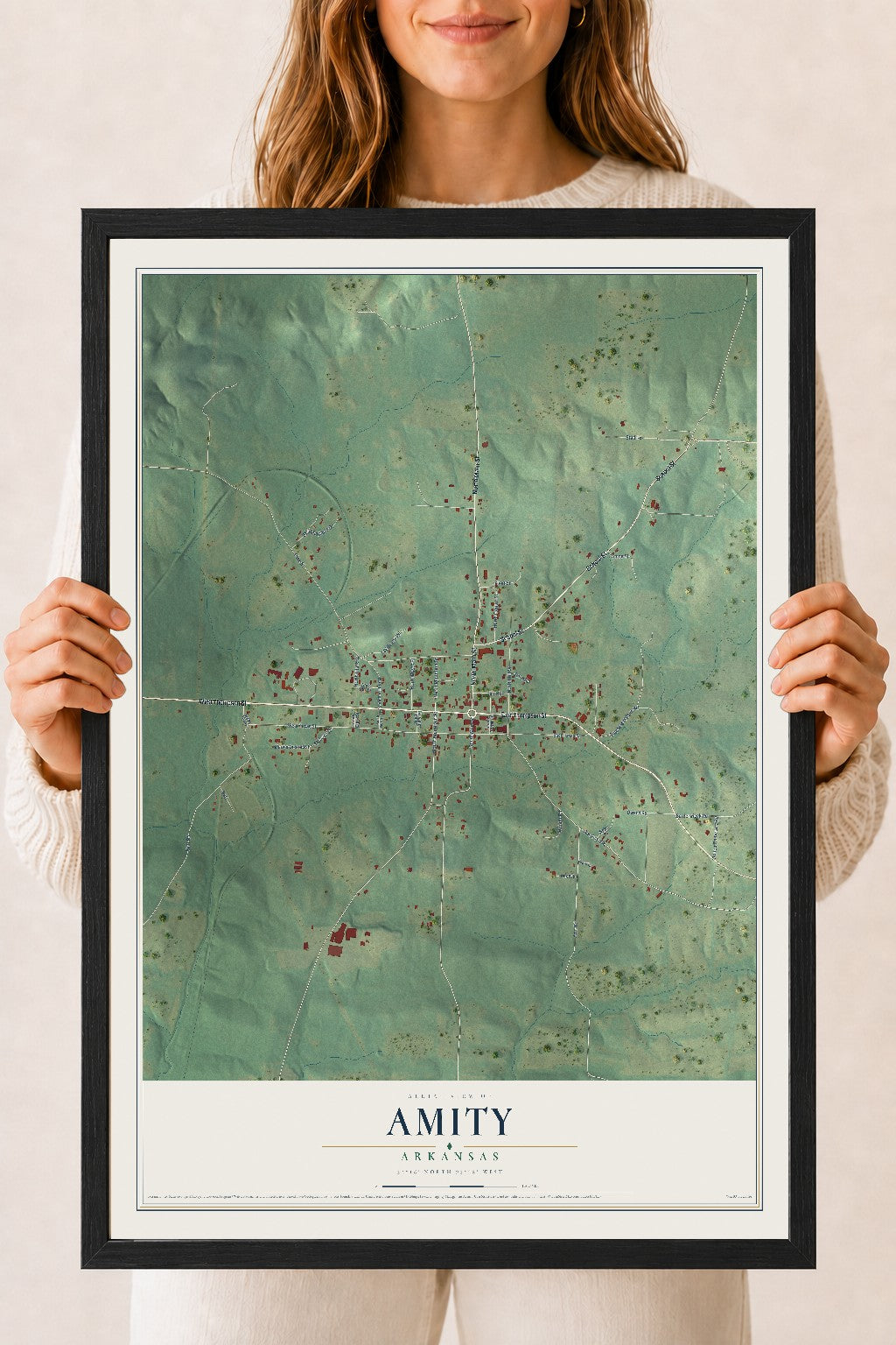 Map of Amity, Arkansas, 18 x 24 inch print in a black wood frame