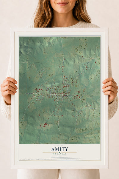 Map of Amity, Arkansas, 18 x 24 inch print in a white wood frame
