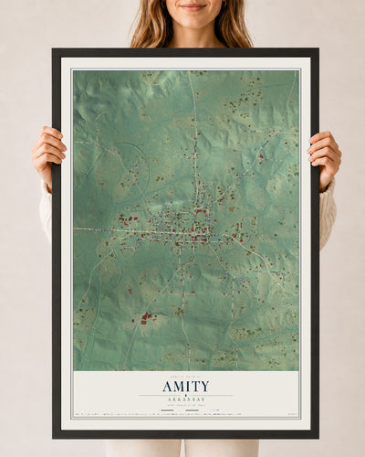 Map of Amity, Arkansas, 24 x 36 inch print in a black wood frame