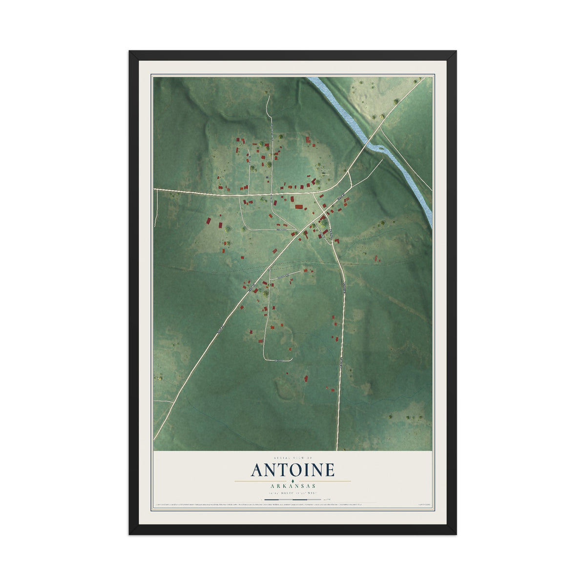 Map of Antoine, Arkansas, 12 x 18 inch print in a black wood frame