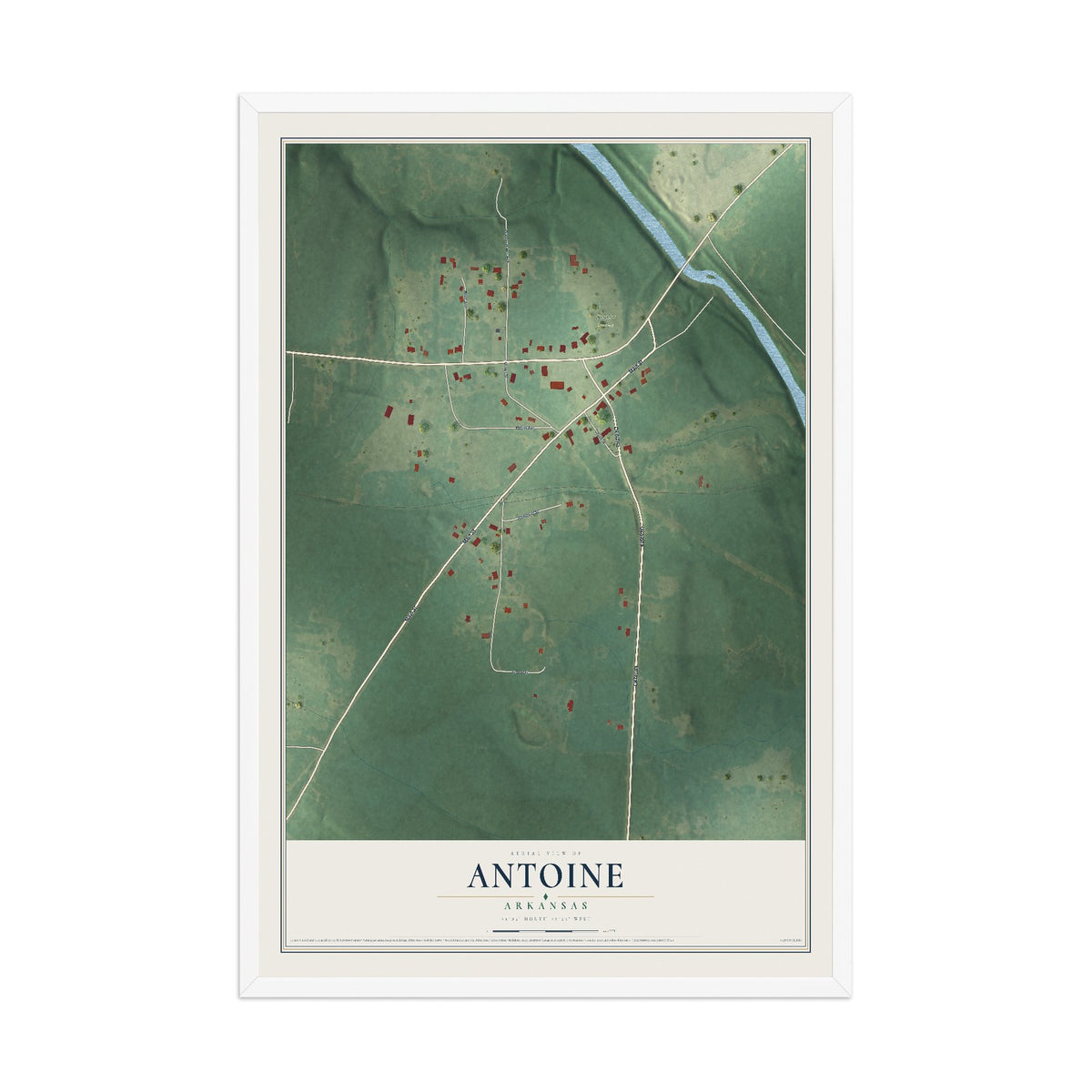 Map of Antoine, Arkansas, 12 x 18 inch print in a white wood frame