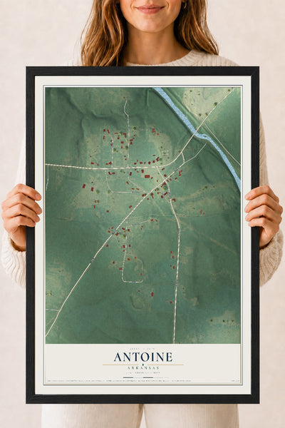 Map of Antoine, Arkansas, 18 x 24 inch print in a black wood frame