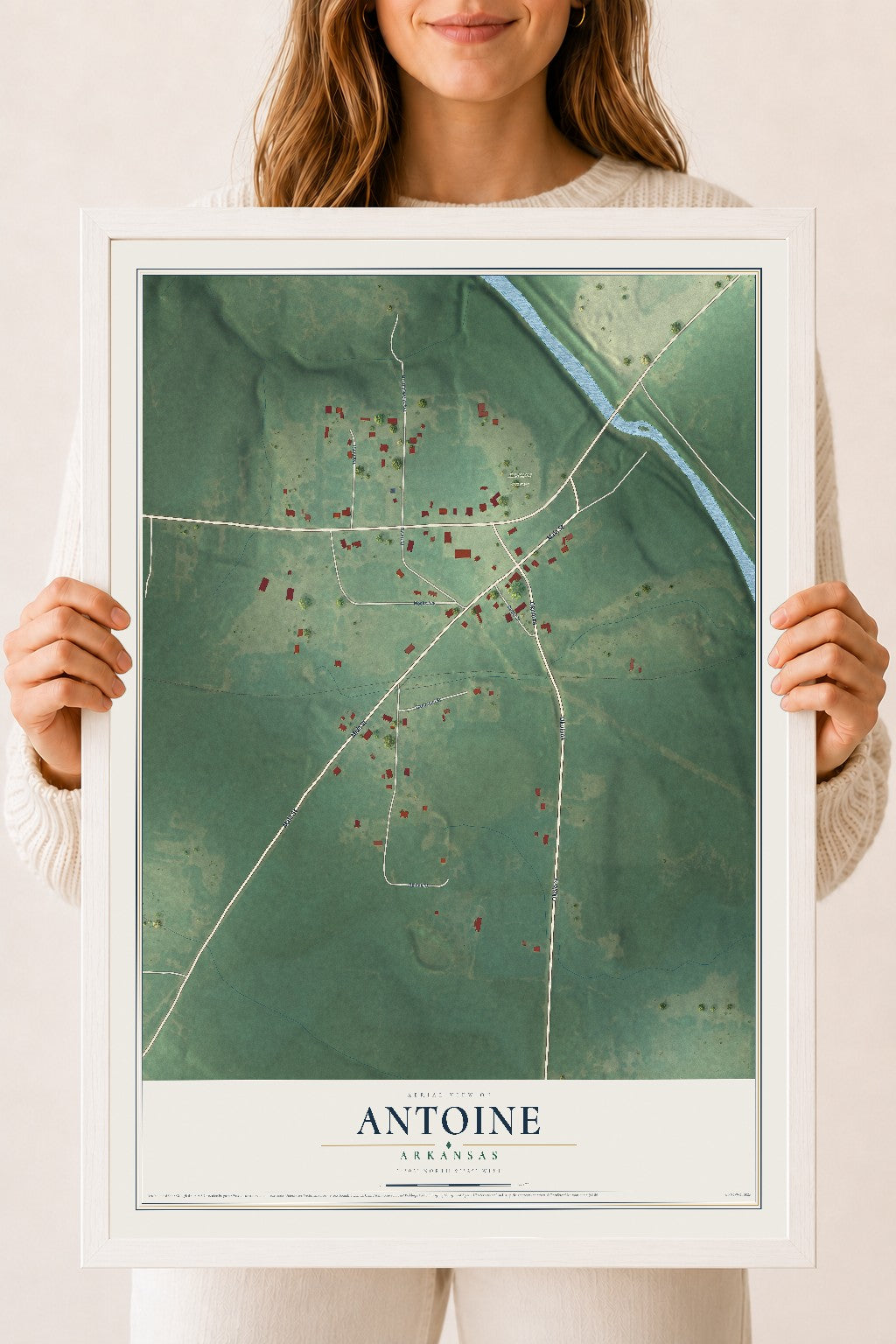 Map of Antoine, Arkansas, 18 x 24 inch print in a white wood frame