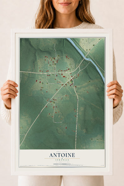 Map of Antoine, Arkansas, 18 x 24 inch print in a white wood frame