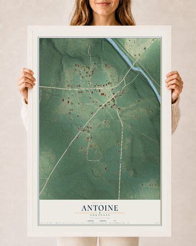 Map of Antoine, Arkansas, 24 x 36 inch print in a white wood frame