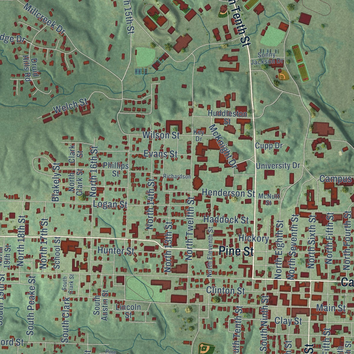 Close-up of the map of Arkadelphia, Arkansas print showing street and building detail