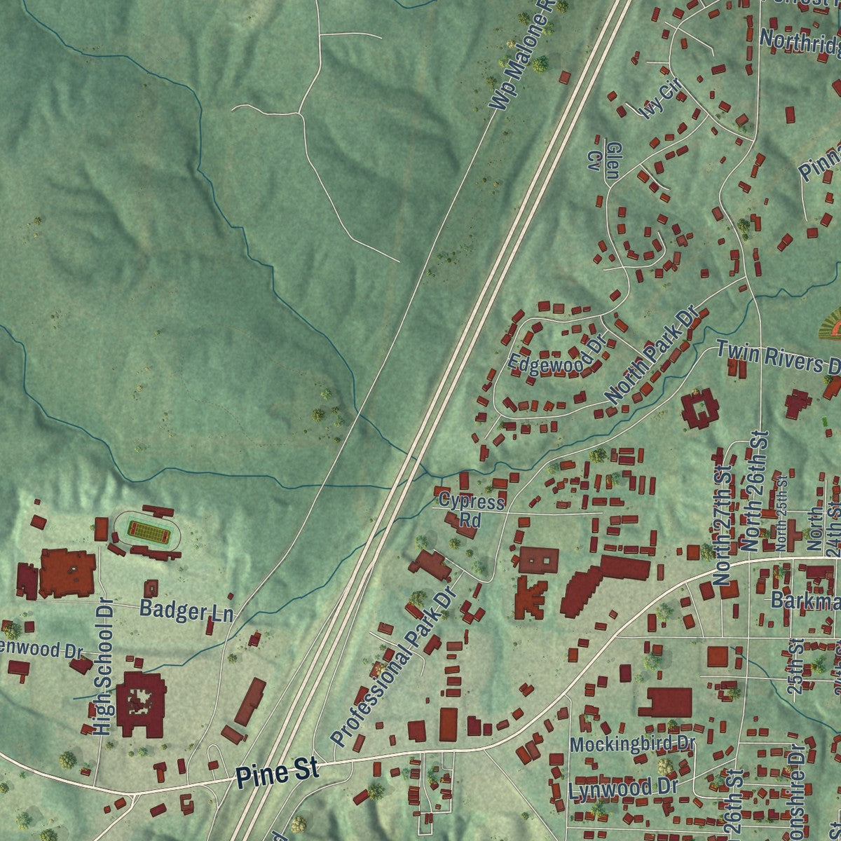 Second close-up of the map of Arkadelphia, Arkansas print showing more streets and buildings