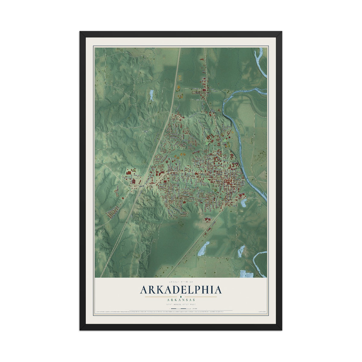 Map of Arkadelphia, Arkansas, 12 x 18 inch print in a black wood frame