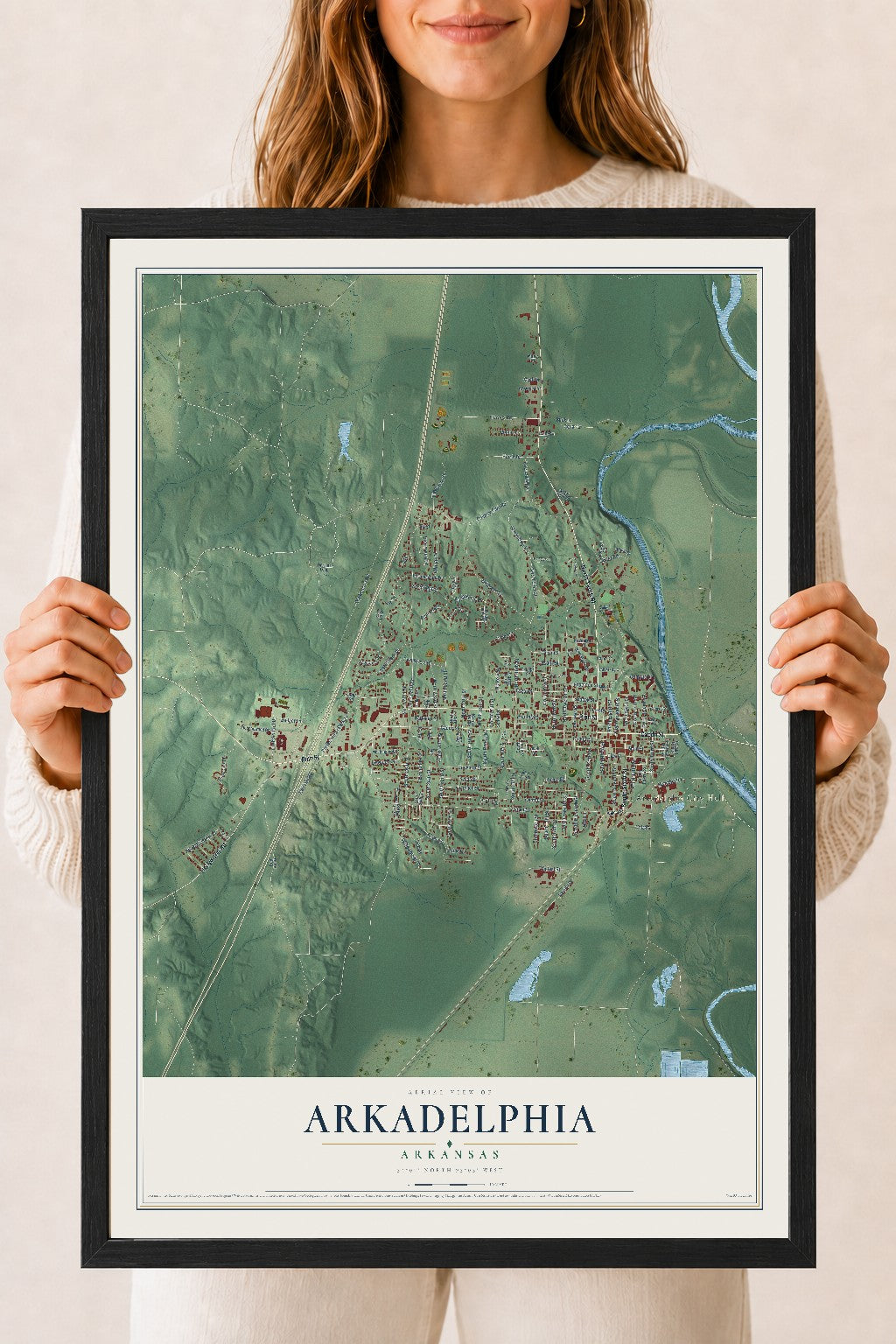 Map of Arkadelphia, Arkansas, 18 x 24 inch print in a black wood frame