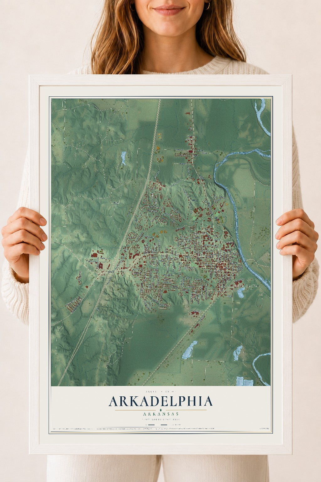 Map of Arkadelphia, Arkansas, 18 x 24 inch print in a white wood frame