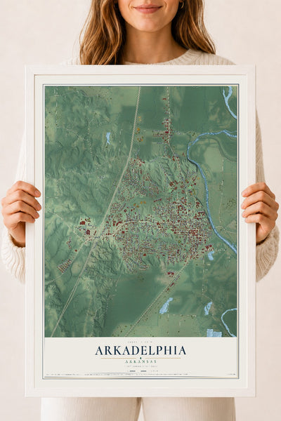 Map of Arkadelphia, Arkansas, 18 x 24 inch print in a white wood frame