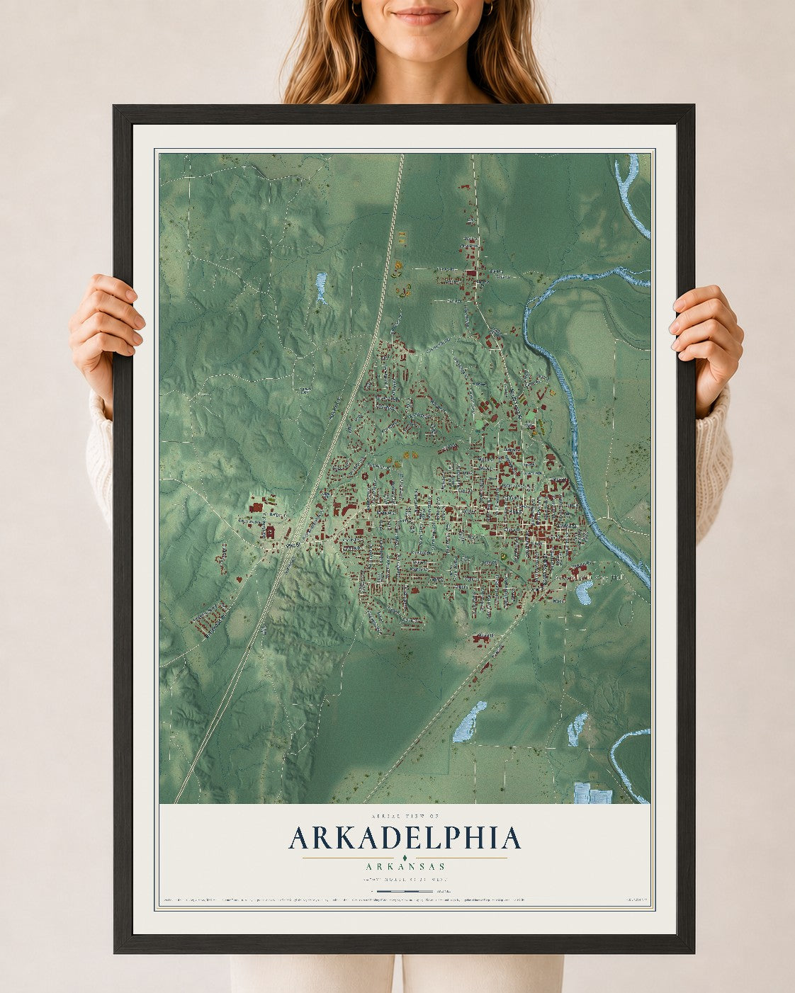 Map of Arkadelphia, Arkansas, 24 x 36 inch print in a black wood frame