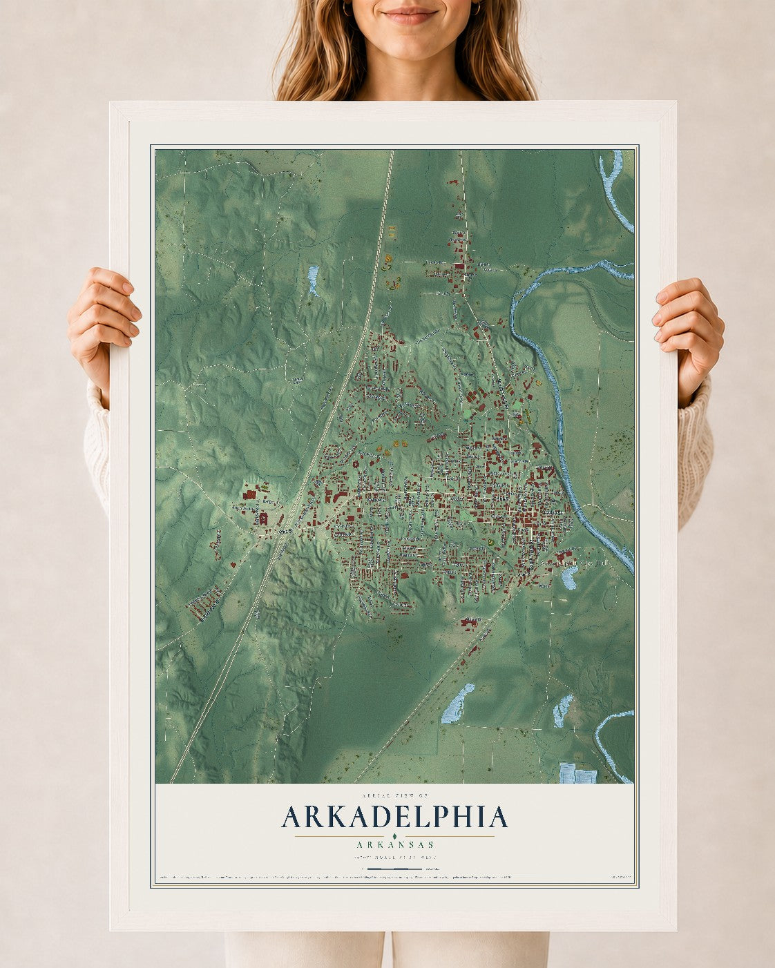 Map of Arkadelphia, Arkansas, 24 x 36 inch print in a white wood frame