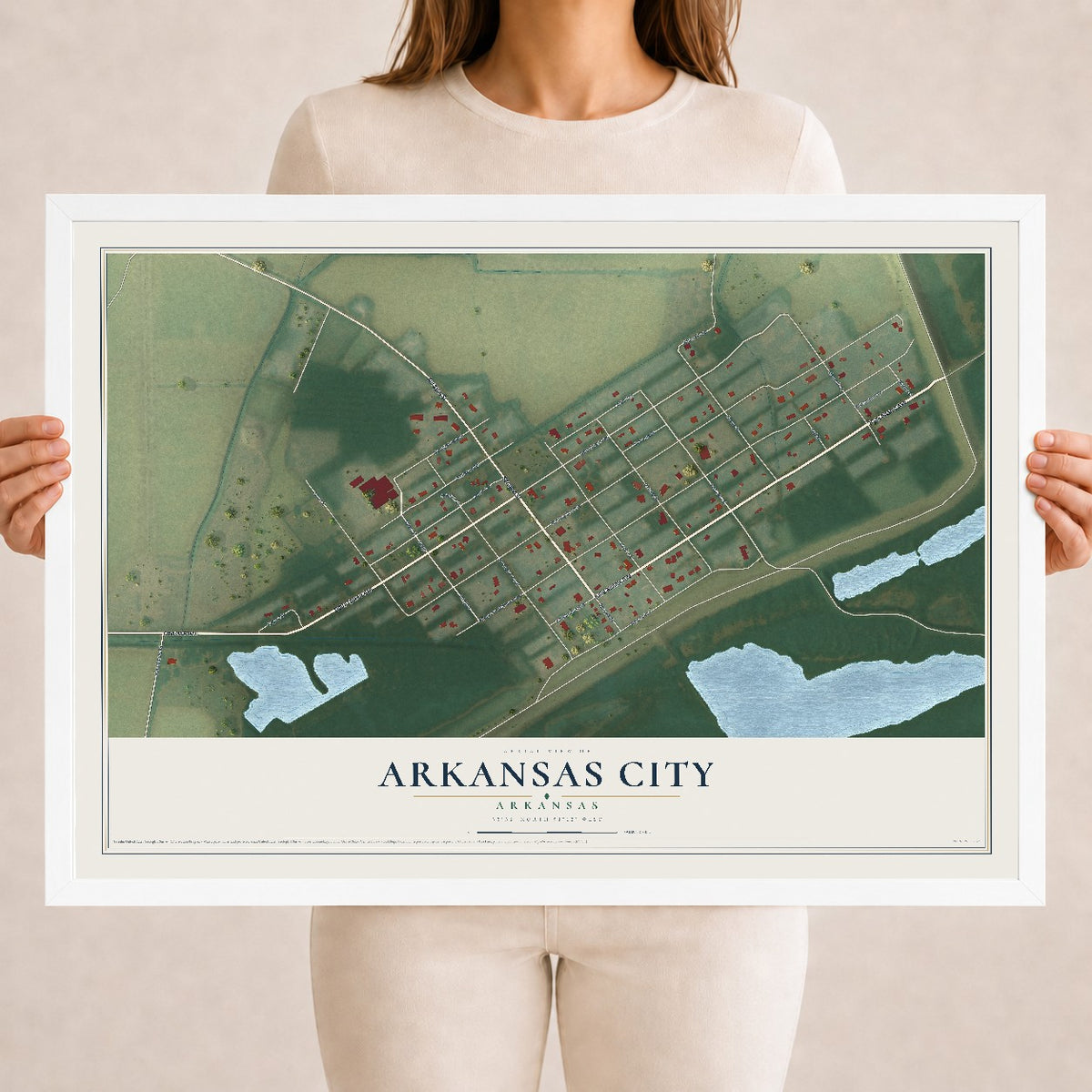 Map of Arkansas City, Arkansas, 18 x 24 inch print in a white wood frame