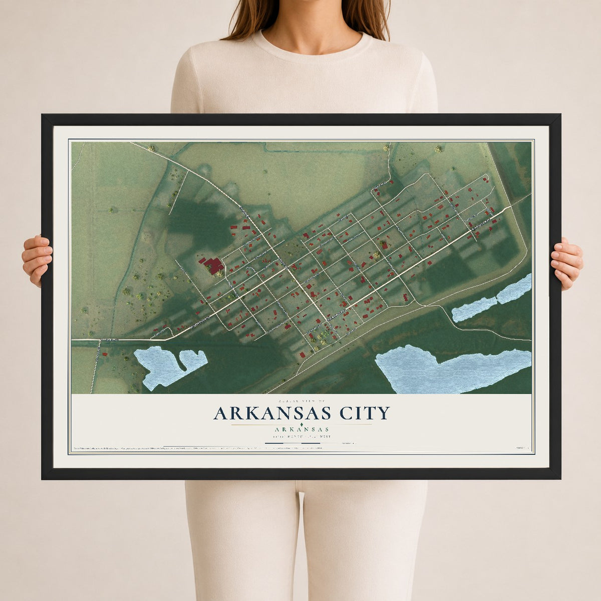Map of Arkansas City, Arkansas, 24 x 36 inch print in a black wood frame