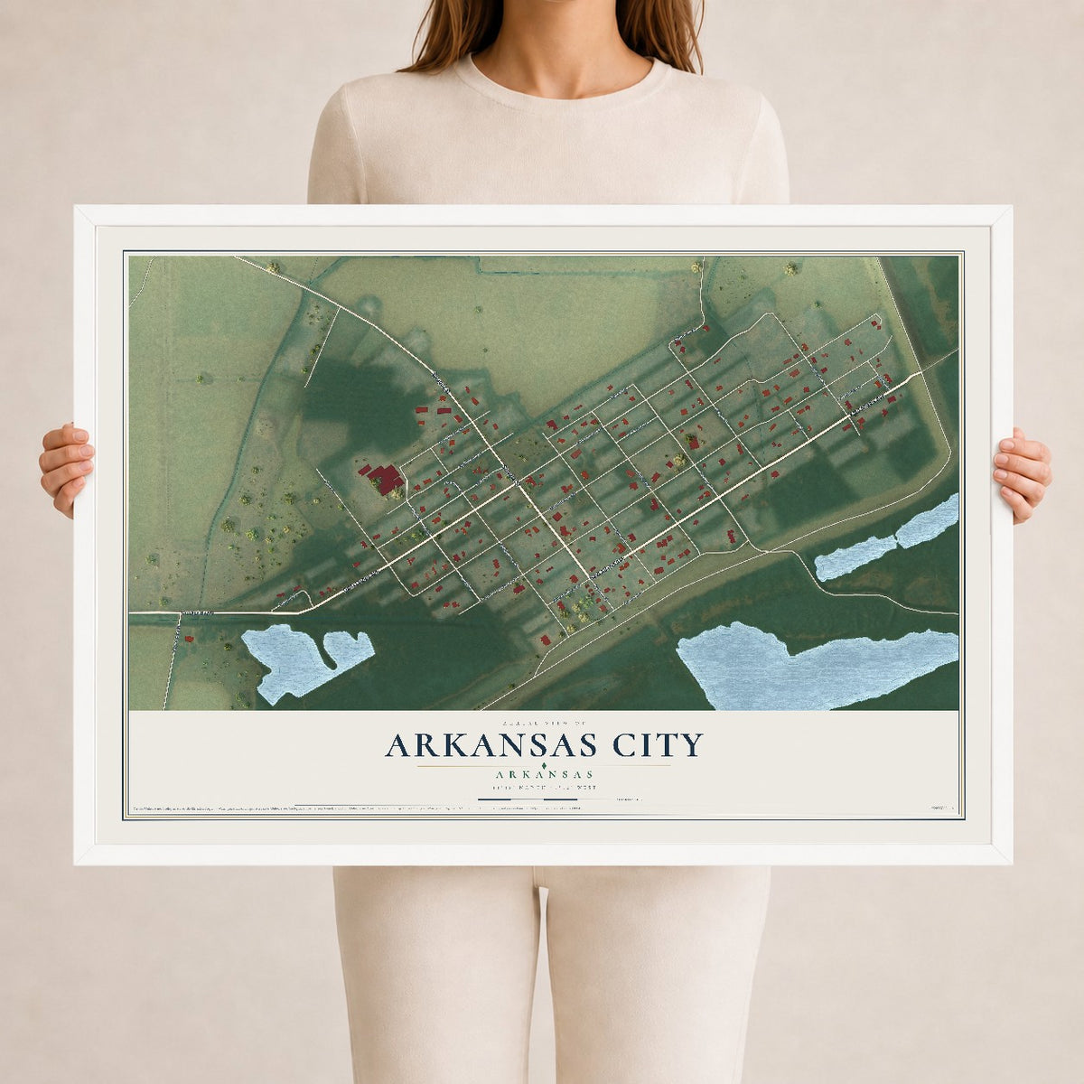 Map of Arkansas City, Arkansas, 24 x 36 inch print in a white wood frame