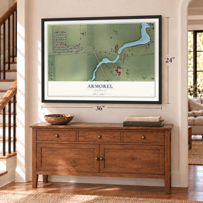 Armorel, Arkansas map, 24 x 36 inch print in a black frame above a dresser by a staircase