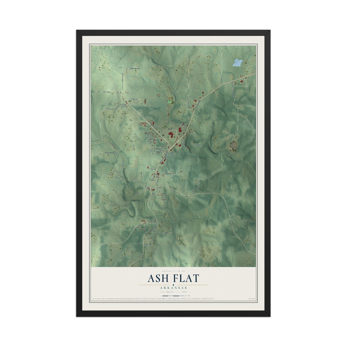 Map of Ash Flat, Arkansas, 12 x 18 inch print in a black wood frame