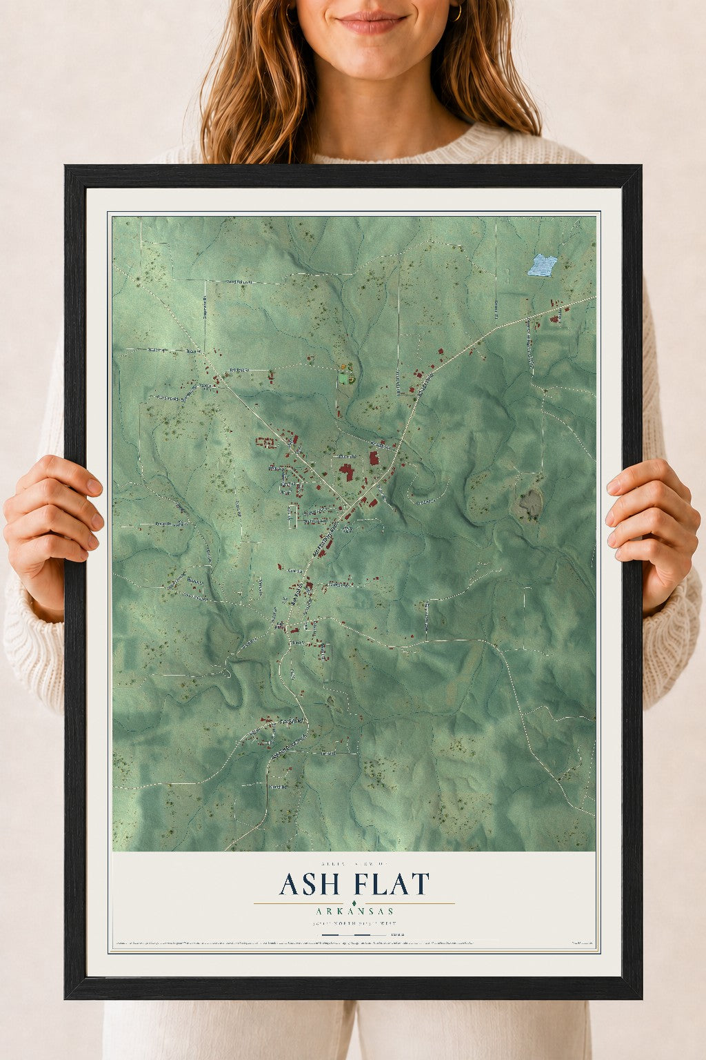 Map of Ash Flat, Arkansas, 18 x 24 inch print in a black wood frame