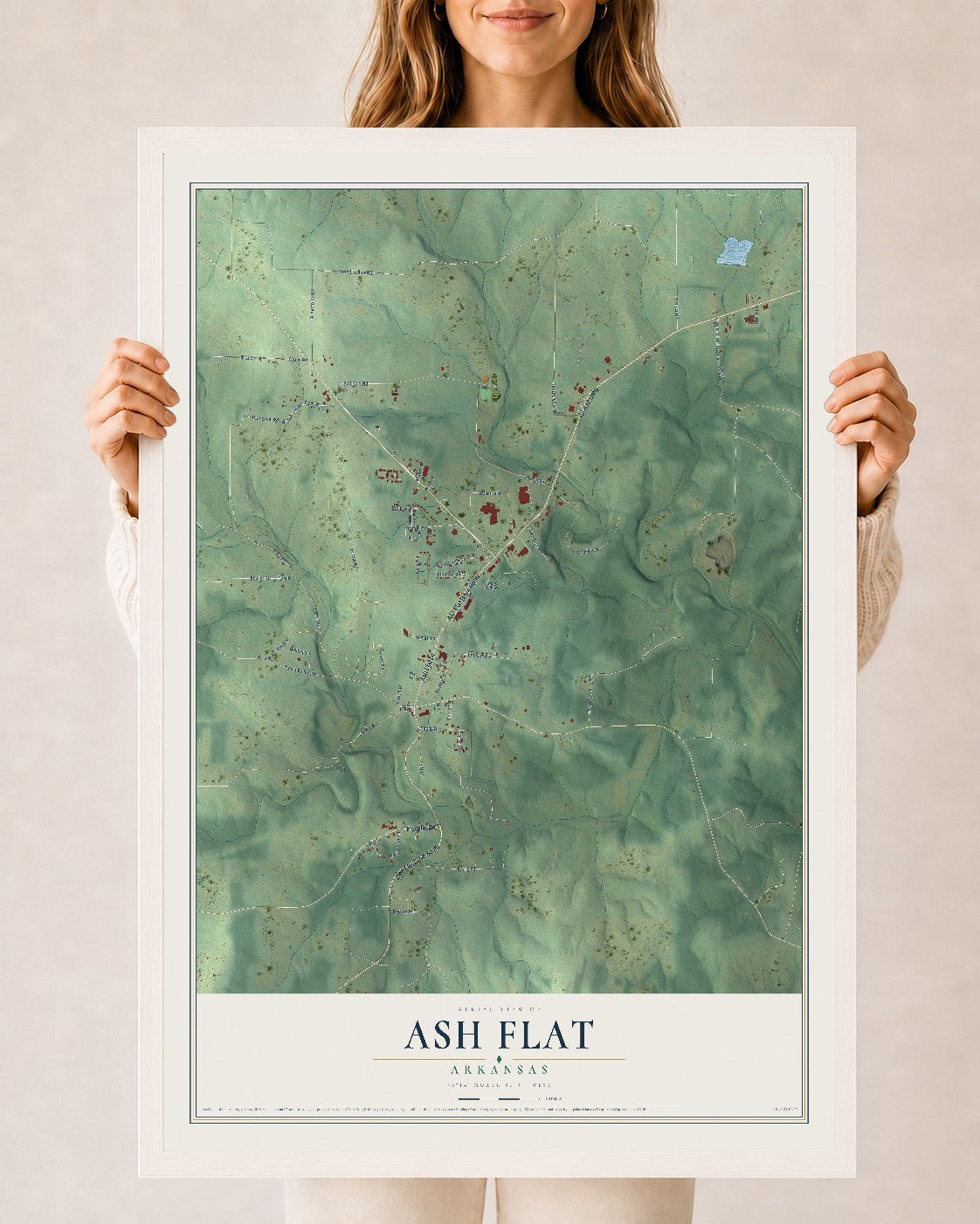 Map of Ash Flat, Arkansas, 24 x 36 inch print in a white wood frame