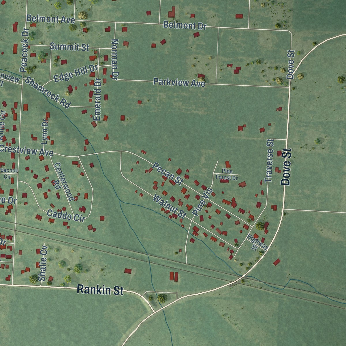 Second close-up of the map of Ashdown, Arkansas print showing more streets and buildings