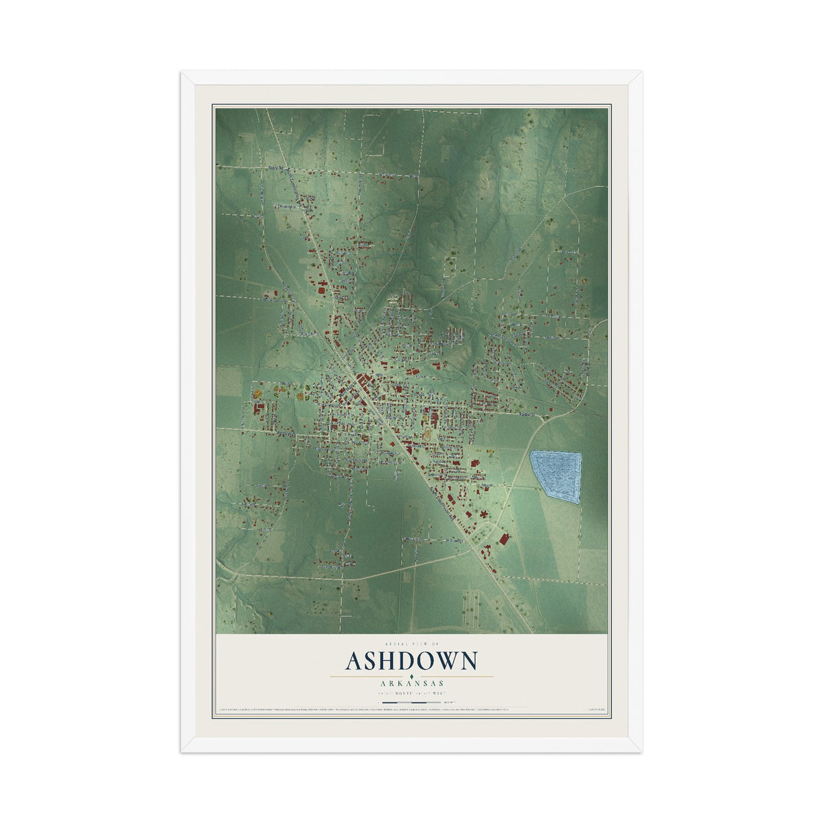 Map of Ashdown, Arkansas, 12 x 18 inch print in a white wood frame
