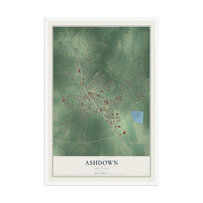 Map of Ashdown, Arkansas, 12 x 18 inch print in a white wood frame