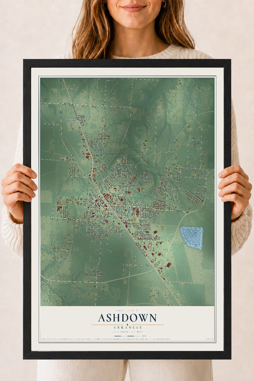 Map of Ashdown, Arkansas, 18 x 24 inch print in a black wood frame
