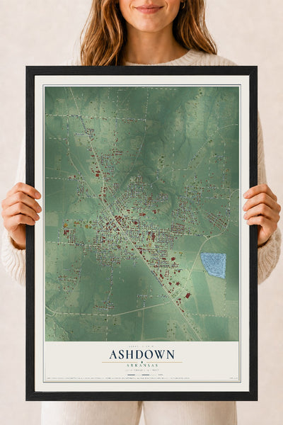 Map of Ashdown, Arkansas, 18 x 24 inch print in a black wood frame