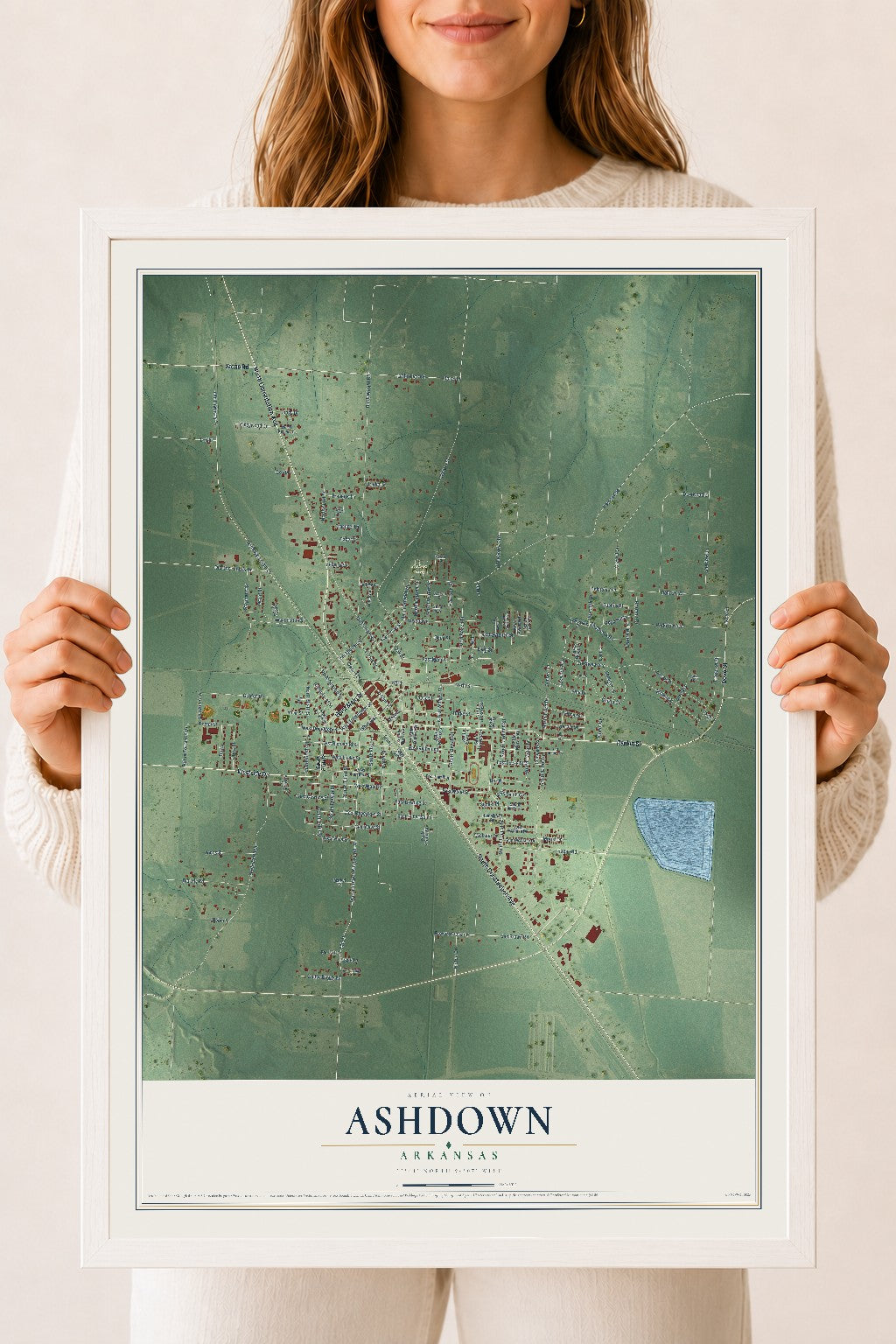 Map of Ashdown, Arkansas, 18 x 24 inch print in a white wood frame