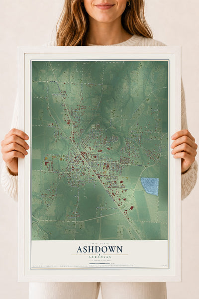 Map of Ashdown, Arkansas, 18 x 24 inch print in a white wood frame