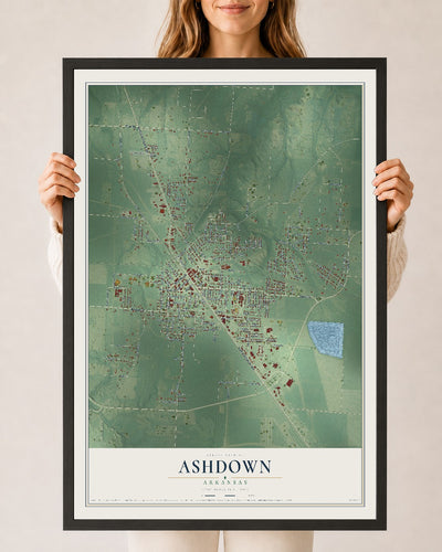Map of Ashdown, Arkansas, 24 x 36 inch print in a black wood frame