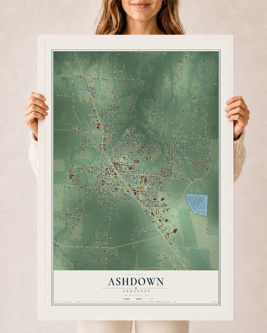 Map of Ashdown, Arkansas, 24 x 36 inch print in a white wood frame