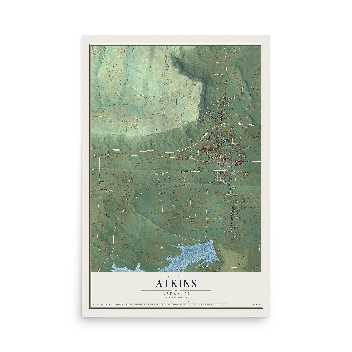 Map of Atkins, Arkansas, 12 x 18 inch unframed archival matte print