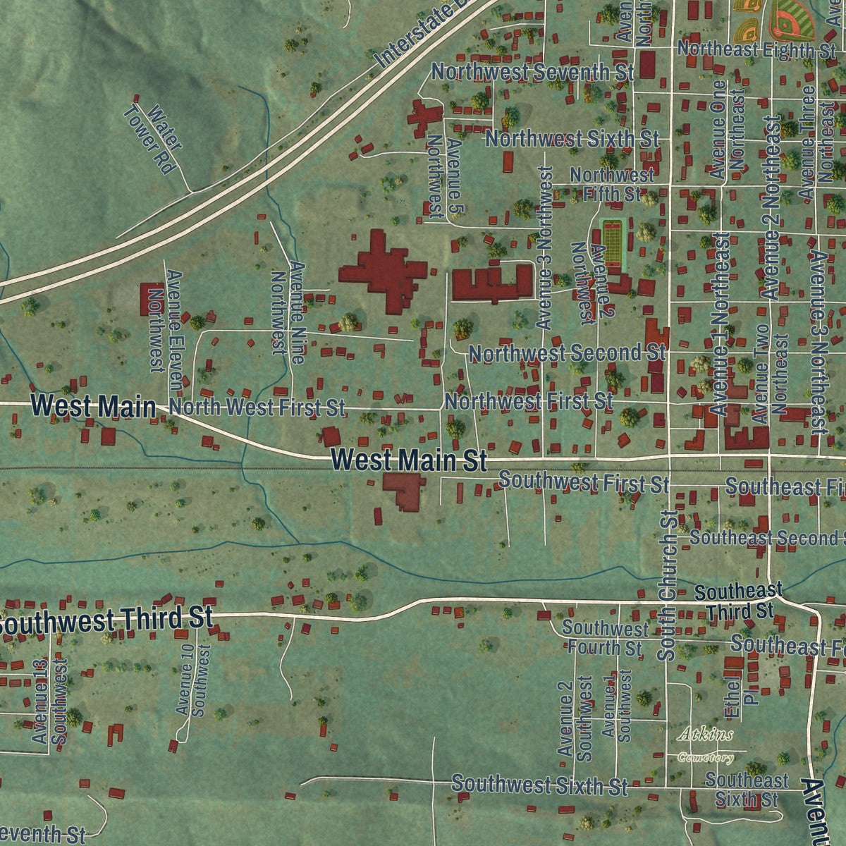 Close-up of the map of Atkins, Arkansas print showing street and building detail