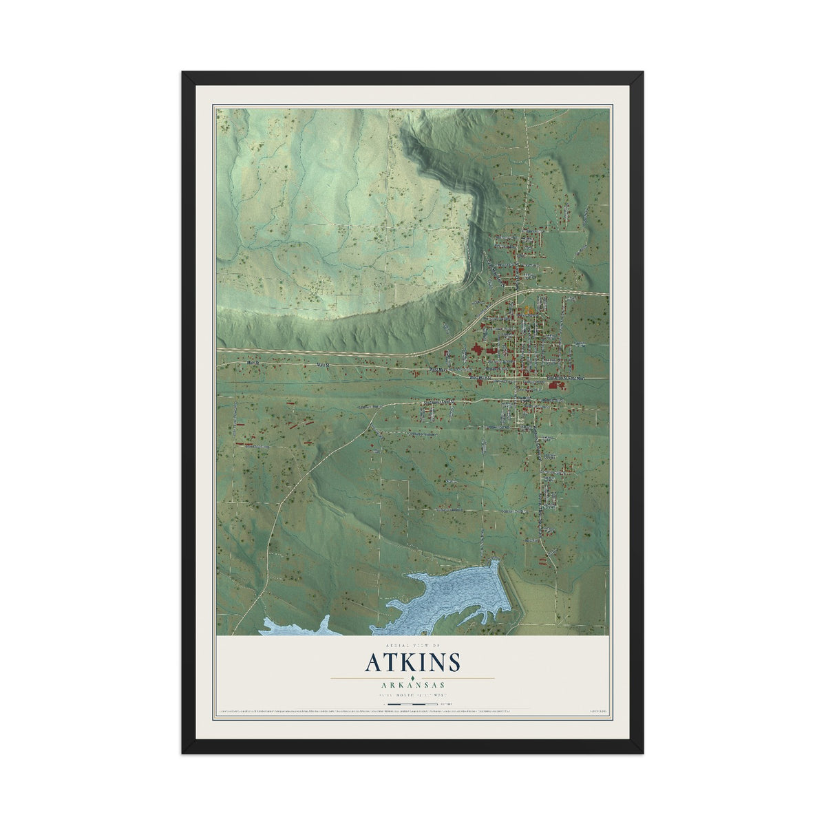 Map of Atkins, Arkansas, 12 x 18 inch print in a black wood frame