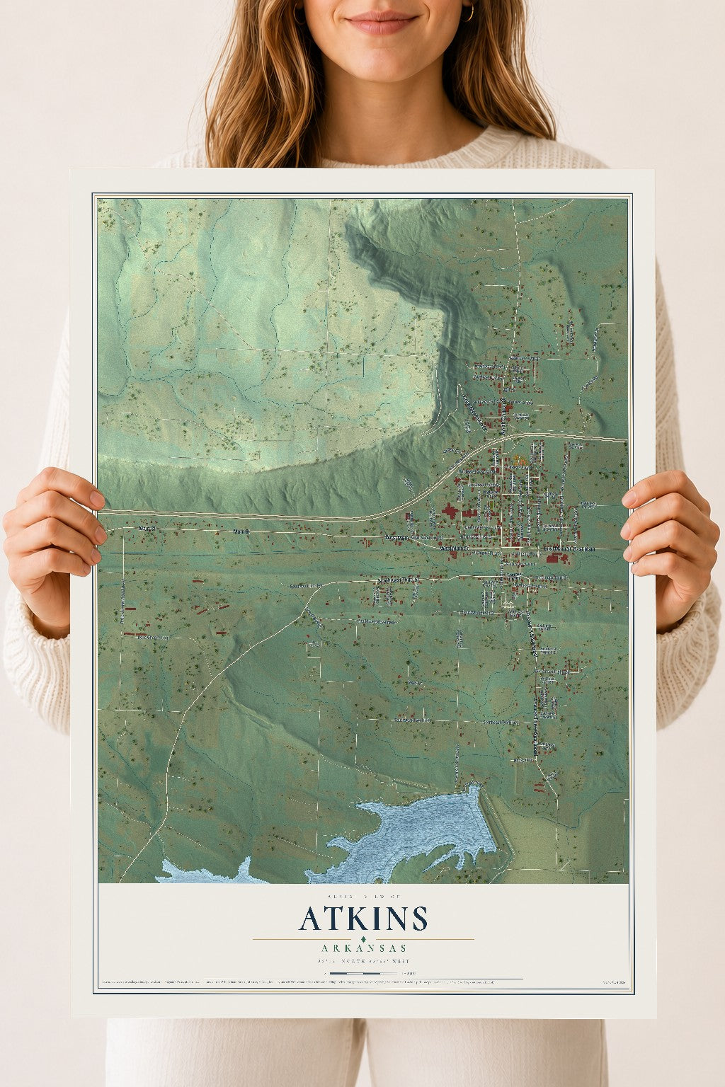 Map of Atkins, Arkansas, 18 x 24 inch unframed archival matte print