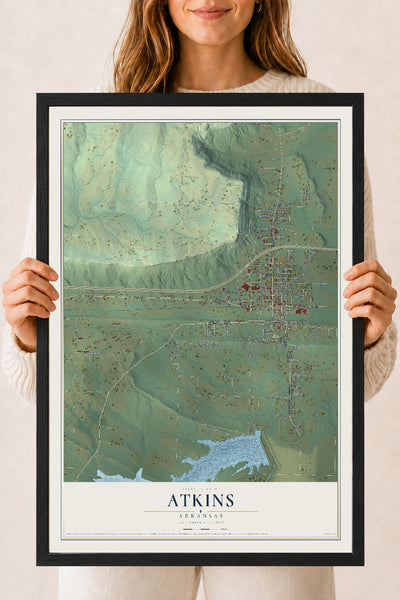 Map of Atkins, Arkansas, 18 x 24 inch print in a black wood frame