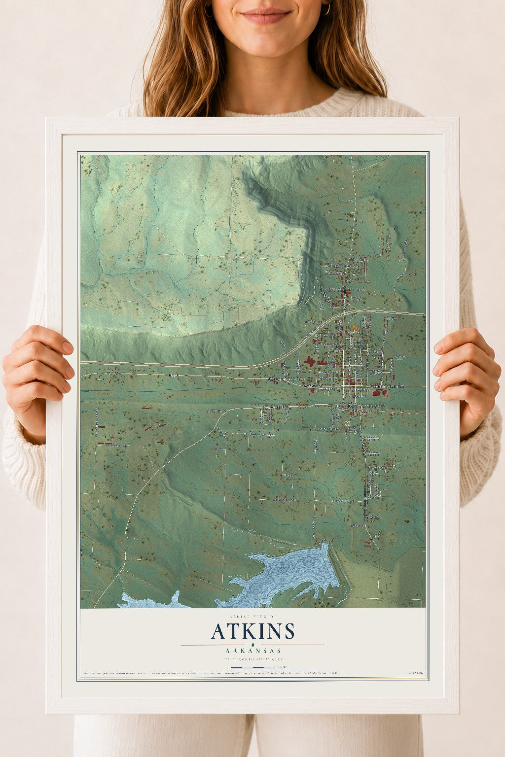Map of Atkins, Arkansas, 18 x 24 inch print in a white wood frame
