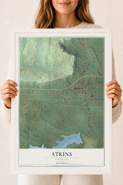 Map of Atkins, Arkansas, 18 x 24 inch print in a white wood frame